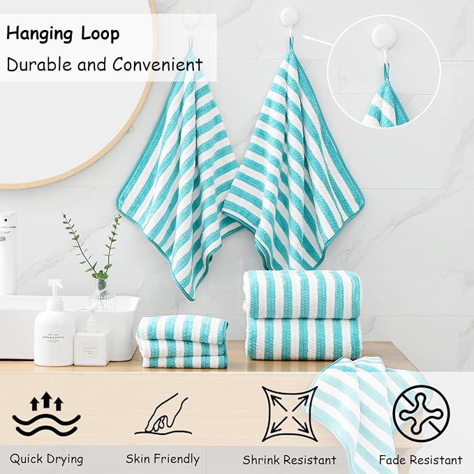 8 Pcs Turquoise Large Cabana Stripe Bath Towel Set Oversized Jumbo Towels | 2 Extra Large Bath Sheets,2 Hand Towels,4 Washcloths for Bathroom Soft Highly Absorbent Towels for Beach Chair Hotel
