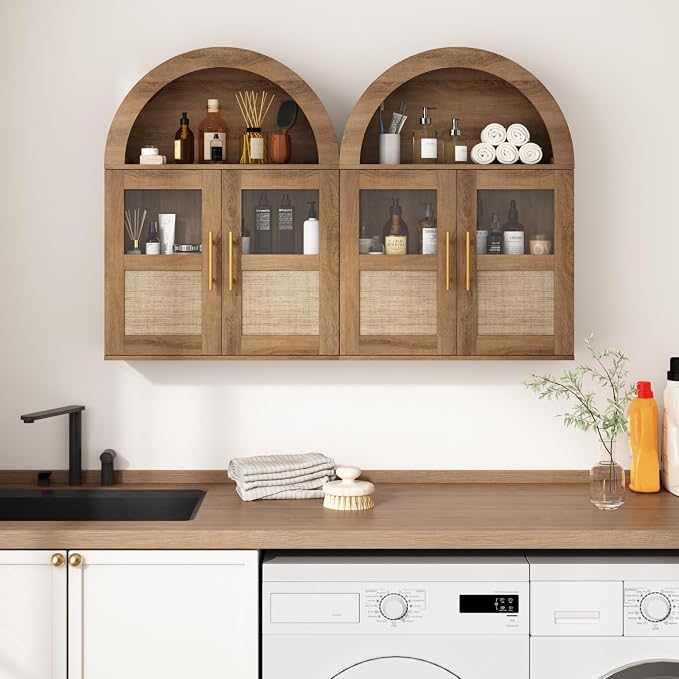 RUSTOWN Arched Bathroom Wall Cabinet with 2 Glass & Rattan Doors | Rattan Medicine Cabinet, Farmhouse Over the Toilet Storage Cabinet, Adjustable Shelves, 3-Tier Wall Mounted Cabinets