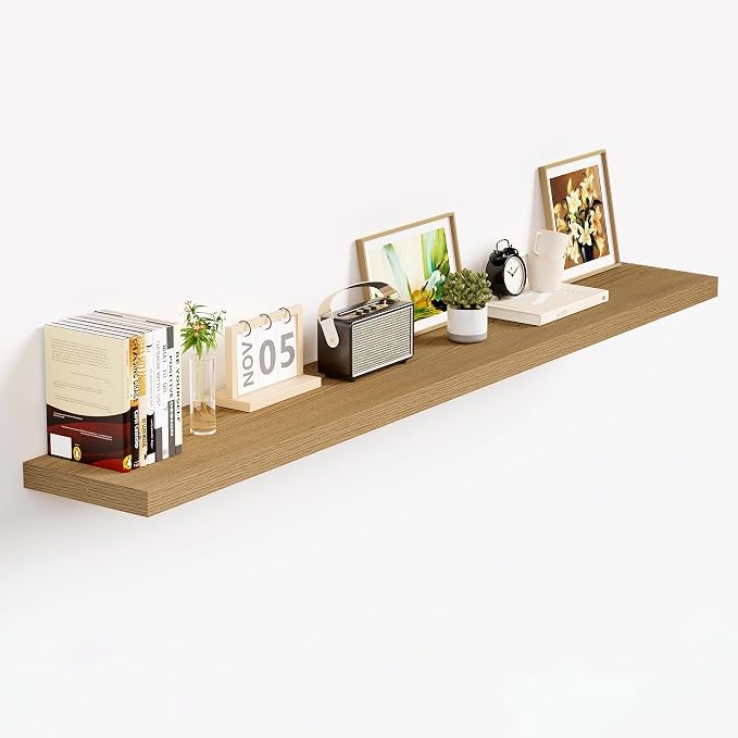 Vivelove Floating Shelves 9 inch Deep 48”Long Set of 1, Oak | Easy Install With Hardware, 1.5" Thick, Invisible Brackets, Wall Mounted, No Sagging, For Any Room