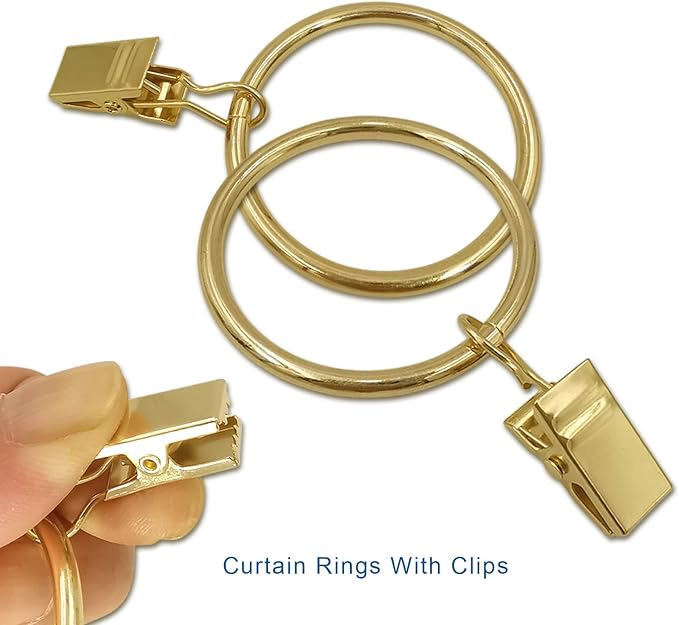 LLPJS 60 Pack Metal Curtain Rings with Clips, Curtain Clip Rings Hooks for Hanging Drapery Drapes Bows, Curtain Rod Rings 1.5 inch Interior Diameter, Gold