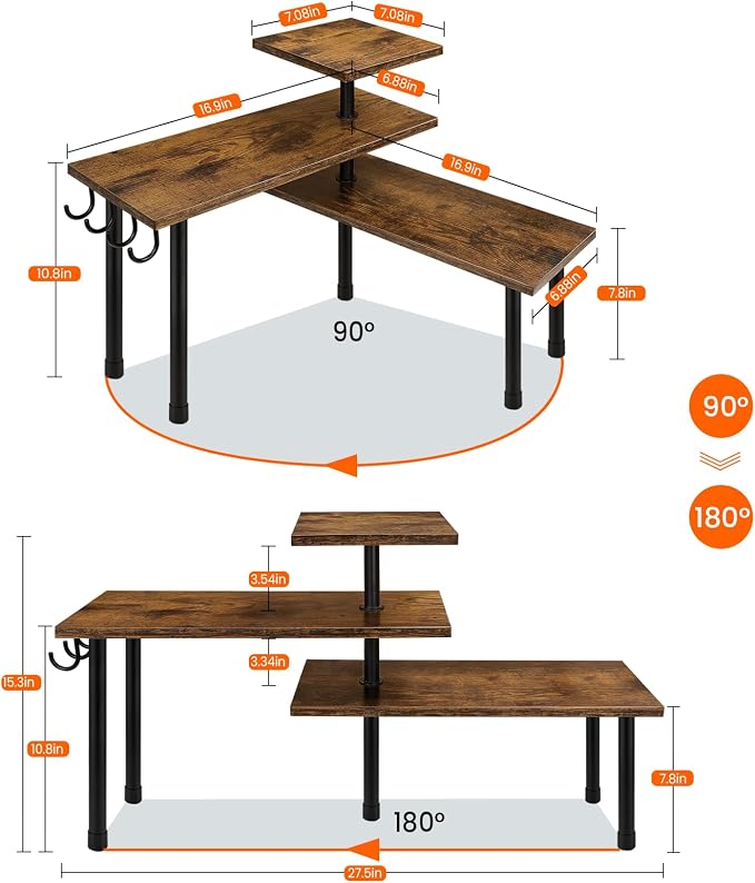 Kitchen Countertop Organizer - 3 Tier Corner Shelf, Bathroom Counter Organizer, Spice Rack, Coffee Bar, Over Sink, Rustic Brown