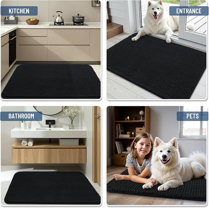 Arotive Chenille Bathroom Rugs 47x24, Soft Absorbent Bath Mat, Black | Rubber Backing, Machine Washable Dry Bath Mats for Bathroom Floor, Tub and Shower, Home Decor Accessories