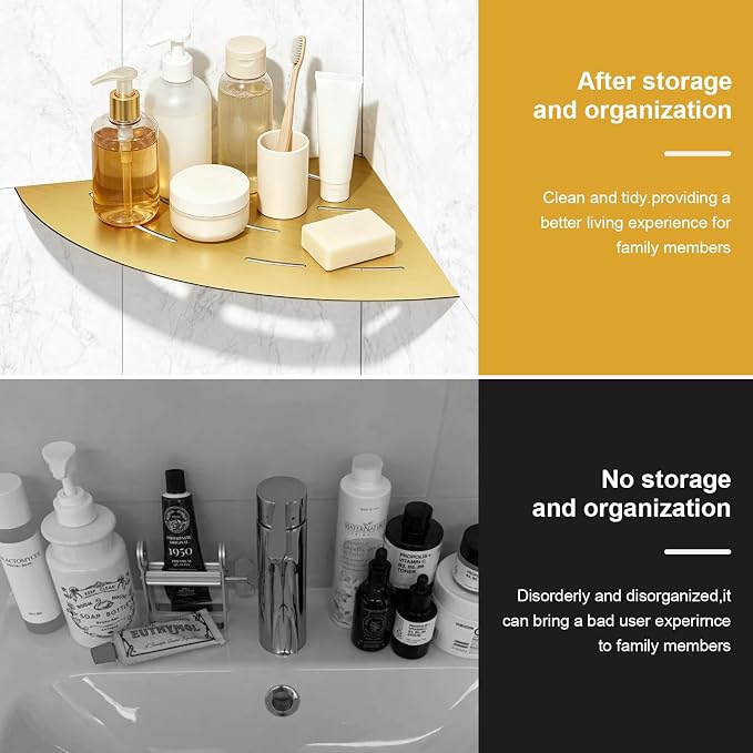 soaez Brushed Gold Corner Shower Shelf, SUS304 Stainless Steel Recessed Bathroom Shower Shelves, No Drilling Grout Mount Shelf for Shower, Bathroom Accessories (8", 2Pack)