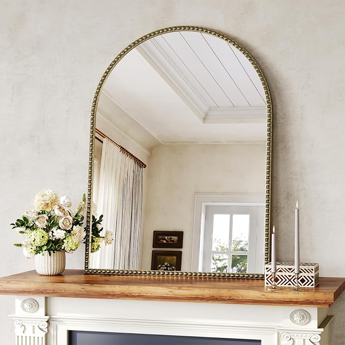 Arched Beaded Mirror, 28"x36" Champagne Bronze Mirror for Bathroom | Gold Arched Vanity Wall Mirrors with Brass Antique Metal Frame for Over Sink,Entryway,Bedroom,Living Room Fireplace Mantel