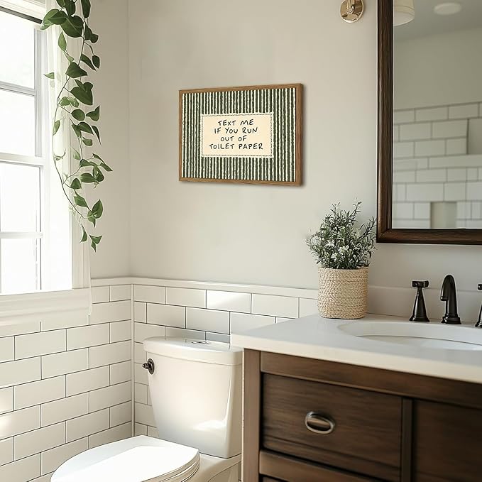 Funny Bathroom Wall Art Text Me If You Run Out of Toilet Paper Sign Wall Decor Picture Vintage Quirky Quote Striped Restroom Poster Canvas Painting Prints 12x16 inch Wood Framed