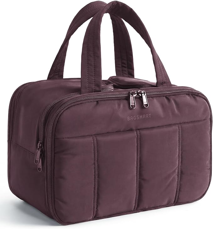 BAGSMART Travel Toiletry Bag, Puffy Large Toiletry Bag for Women, Lightweight Cosmetic Makeup Bag Organizer with Handle for Traveling, Accessories, Essentials, Toiletries (Black Purple)