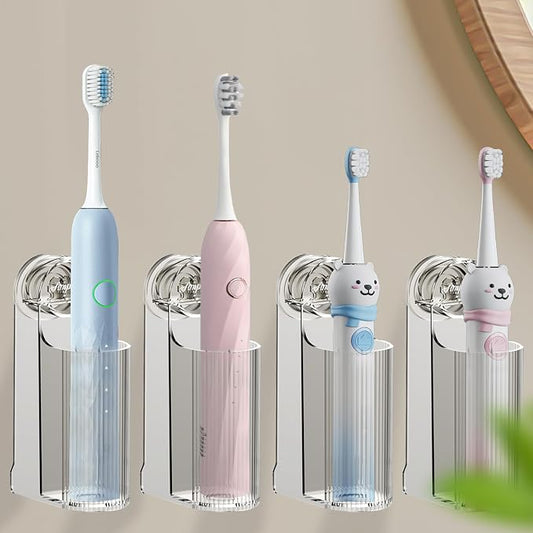 4 Pack Electric Toothbrush Holders for Bathroom, Wall Mounted Clear Electric Toothbrush Organizer, Self Adhesive Bathrooms Toothbrush Storage for Shower, Saving Space and Keep Drying (Grey)