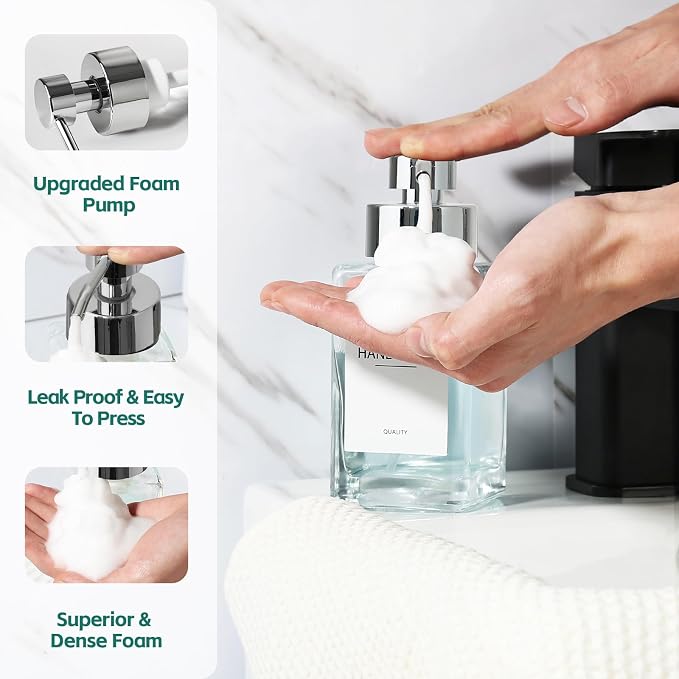 Foaming Soap Dispenser, 12oz/350ml Glass Hand Soap Dispenser Set, Refillable Foam Dispenser with Foaming Pump, Labels, Square Hand Dispenser for Bathroom, Kitchen 2 Pack