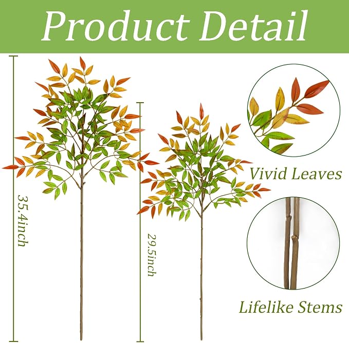2 Pcs Artificial Plants Faux Branches for Vase Filler, 35.4 Inch Fake Plants Greenery Stems for Vase Spring Decorations Fall Decor, Fake Leaves Office Centerpieces Home Decor