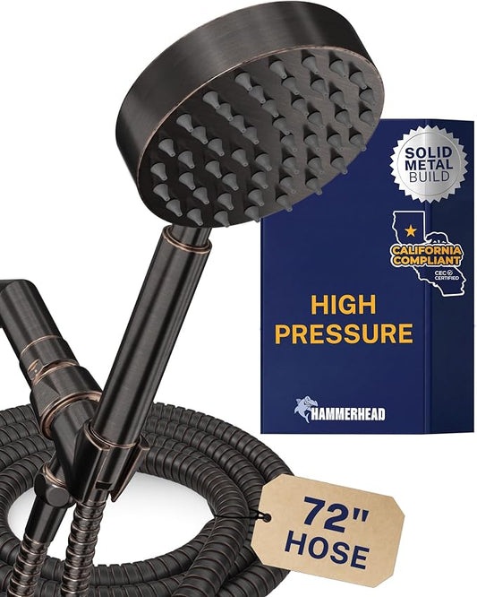 HammerHead Showers® Solid Metal LOW FLOW Handheld Shower Head with Hose and Brass Holder - OIL RUBBED BRONZE – Water Saving 1.75 GPM Detachable Shower Head - Adjustable Shower Wand Bracket & 6ft Hose