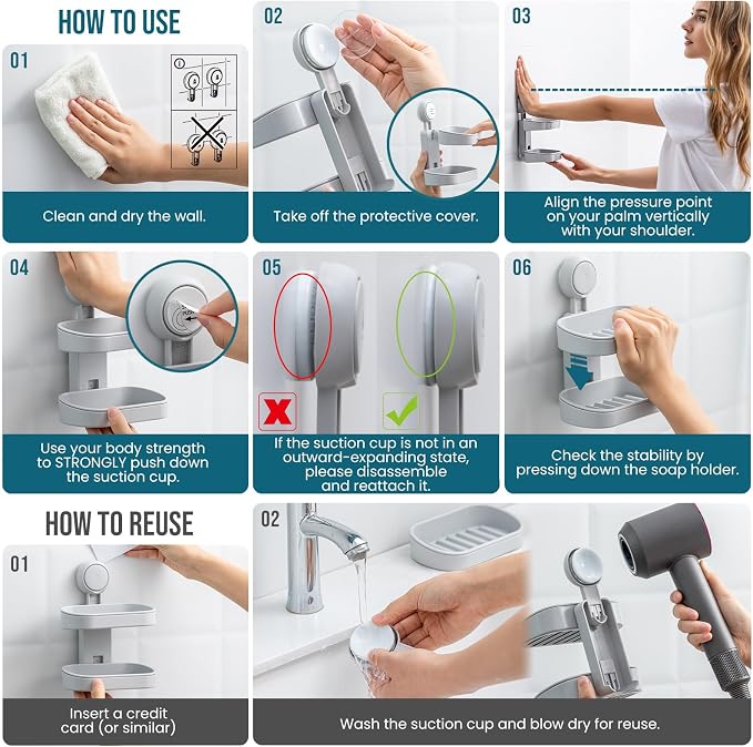 TAILI Soap Holder, Soap Dish for Shower Suction Cup, Bar Soap Holder, Grey | 2 Layer Removable Soap Holder Shower, Soap Tray for Shower Wall, Drill Free Sponge Holder, Bathroom & Kitchen, No drill