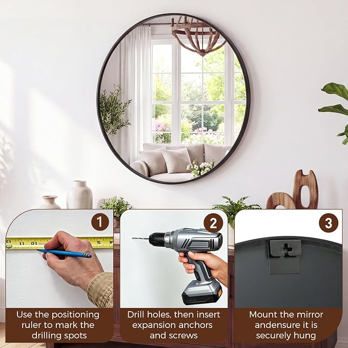 Sweetcrispy 30 Inch Round Wall Mirror, Bathroom Mirrors for Over Sink | Matte Metal Framed, Wall Decor for Bedroom, Entryway, Anti-Rust, Tempered Glass, Hanging or Leaning, Black