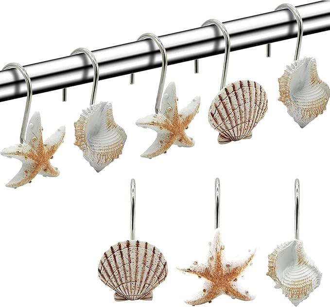 Seashell Shower Curtain Hooks 12pcs Beach Shower Curtain Rings Bath Shower Hooks Rust Proof Curtain Hangers Coastal Bathroom Accessories Decors