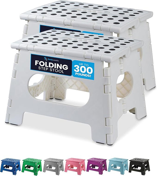 Handy Laundry Folding Step Stool 9 Inch 2-Pack, White, Holds 300 lbs | 2-Pack, 9 Inch, White, Foldable Collapsible Step Stool, Non-Slip, Holds 300 lbs, Kitchen Bathroom Bedroom, Adults