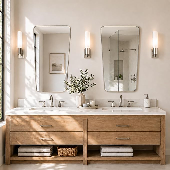 Brushed Nickel Rounded Rectangle Bathroom Mirror, 24x36 Inch | Aluminum alloy frame, soft trapezoid shape, tempered glass, reversible vertical keyhole mount