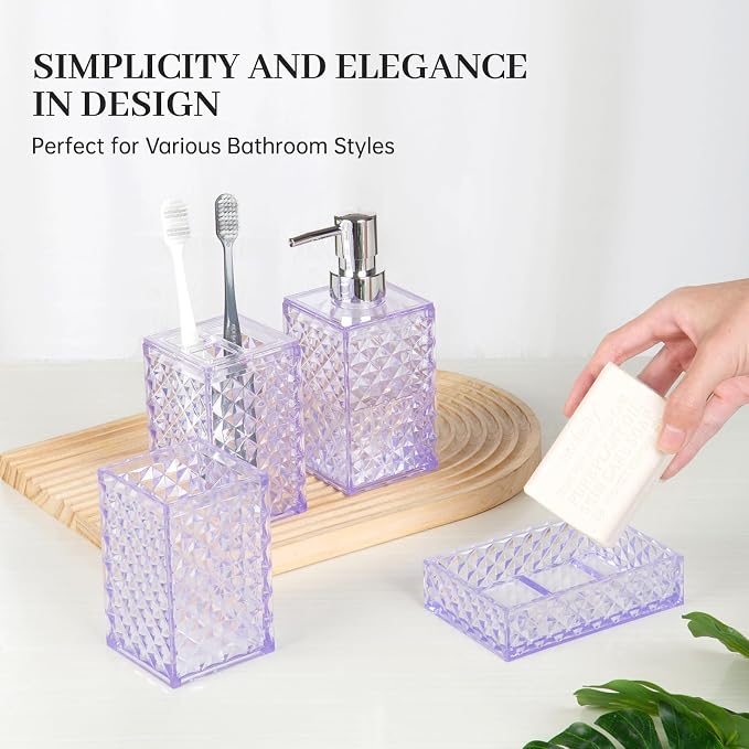 Bathroom Accessory Set, Grid Pattern 4 Pcs Plastic Bathroom Set, Purple | Include Soap Dispenser, Soap Dish, Toothbrush Holder, Mouthwash Cup, Modern Bathroom Decor Set
