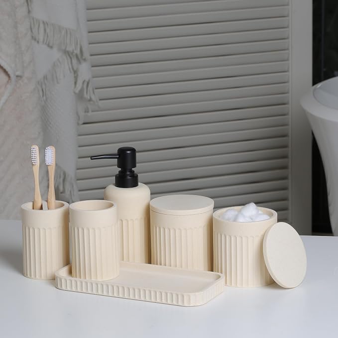 INIUNIK Bathroom Accessory Set, 6 Piece, Resin | Bathroom Accessories Set, Includes Soap Dispenser Set, Toothbrush Holders, Tumbler, Vanity Tray & 2 Qtip Holder
