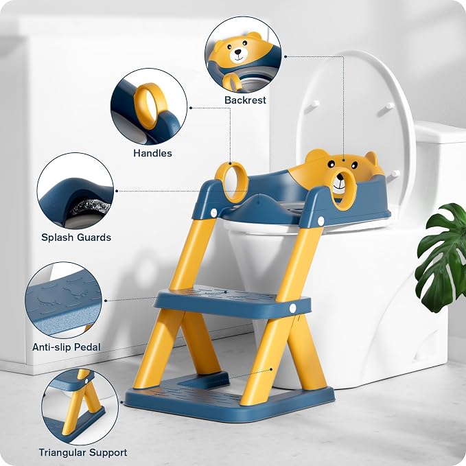 Potty Training Seat, Upgrade Toddler Toilet Seat for Kids Boys Girls, 2 in 1 Potty Training Toilet, Splash Guard Anti-Slip Pad Step Stool(Blueyellow-Pu)