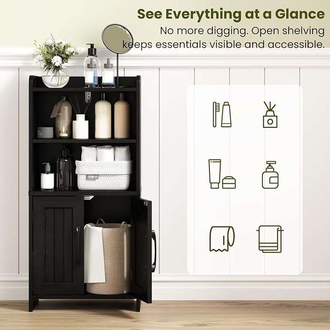 Small Bathroom Storage Cabinet with 2 Doors & Shelf,Line Black | Narrow Storage Organizer, Toilet Paper Floor Cabinets Freestanding, for Small Spaces, Laundry Room, 7.8" D x 14.6" W x 31" H