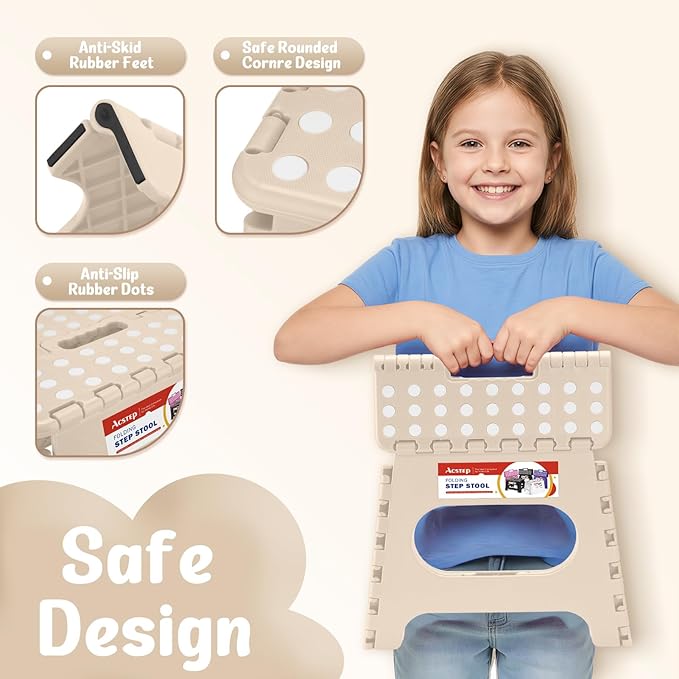 11 Inch Folding Step Stool for Kids, Non-Slip Foldable Stools, Khaki | Heavy Duty Collapsible Foot Stool, Lightweight with Built-in Handle, Holds 300 lb for Adults Kitchen Bathroom Bedroom Outdoor
