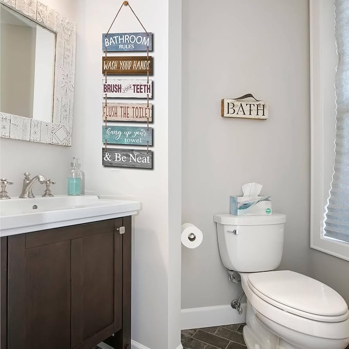 Yudarte Large Bathroom Rules Wall Hanging Sign with Jute - 6pcs Wooden Decor Wall Art Plaque for Toilet Restroom 38x12 Inches