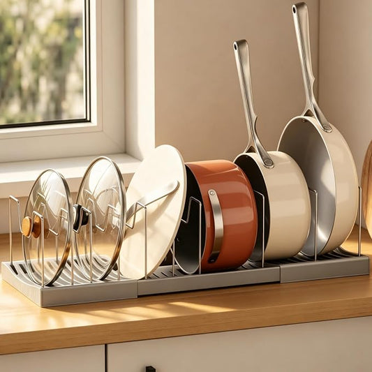 Magheo Pots and Pans Organizer Under Cabinet, Expandable 12.6"-22.8" Kitchen Cabinet Organizer Holder with 10 Adjustable Dividers for Food Storage Container Lid, Cookie Sheet, Cookware(1 Pack, Gray)