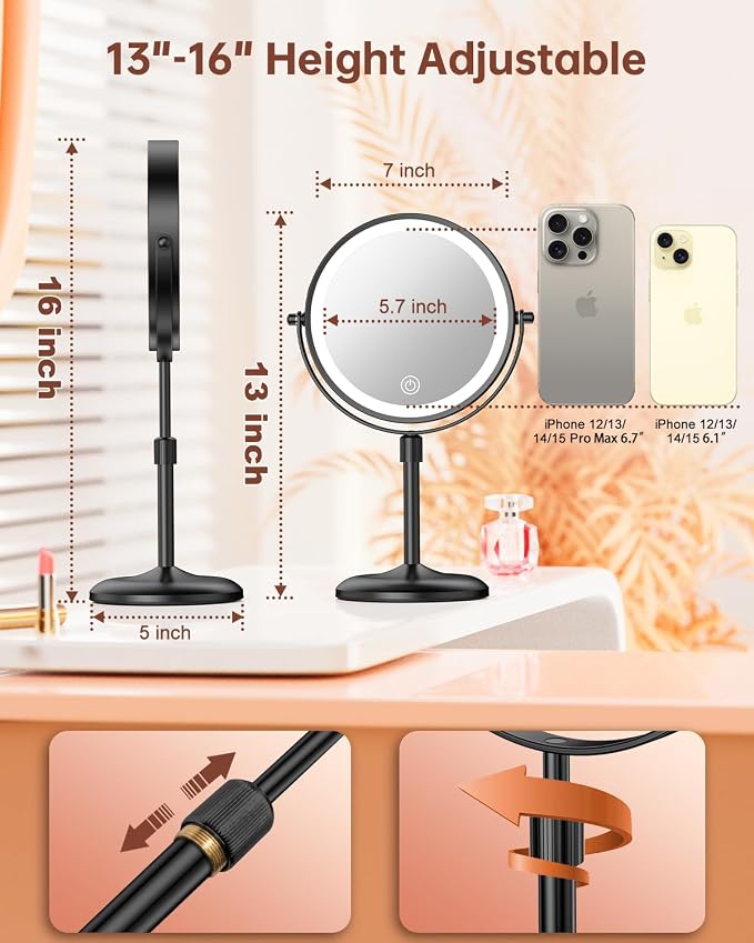 7" Lighted Makeup Mirror with Magnification 10X, Height Adjustable,3 Lights | 1X/10X Magnifying Mirror with Light, Stepless Dimming, 360° Swivel, Rechargeable Vanity Mirror for Desk, LED Standing Mirrors