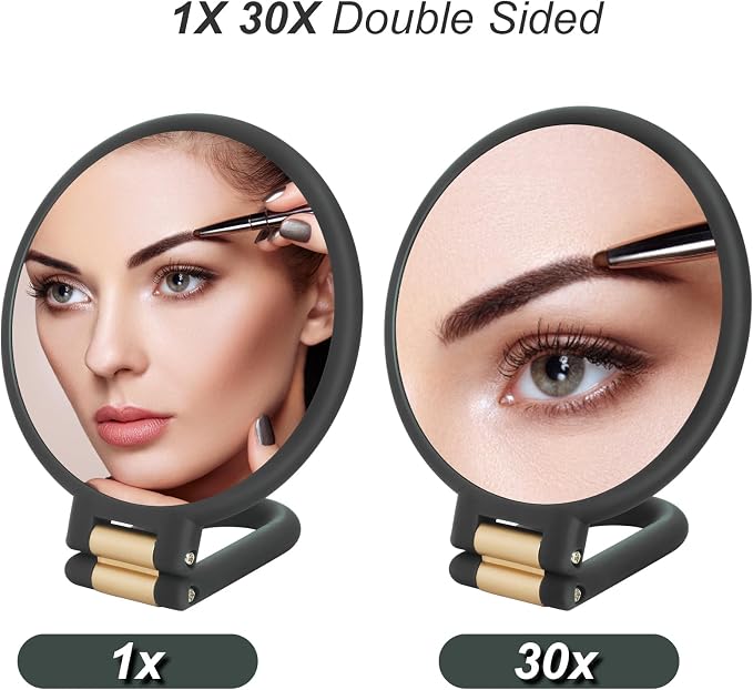 1x 30x Magnifying Travel Mirror, Hand Mirror with Handle - Double Side Hand Held Mirror with 1x30x Magnification & Foldable Handle, Portable Travel Makeup Hand Mirror for Women (Black)