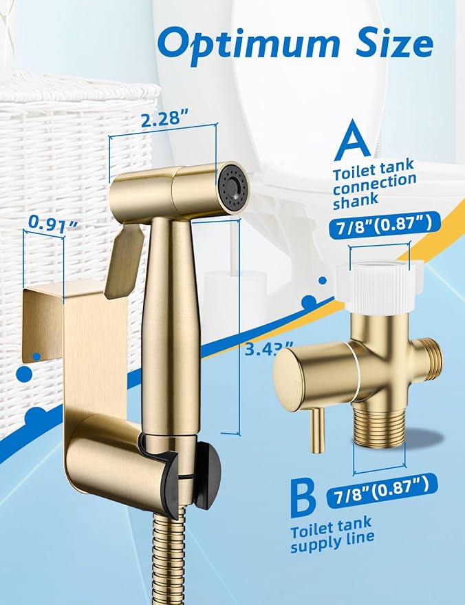 Bidet Sprayer for Toilet, Adjustable Pressure, Gold | Leak-Free Hose, Tank or Wall Mount, Feminine Wash, Cloth Diaper Rinse, Stainless Steel Body, Nozzle, Soft Silicone Nozzle