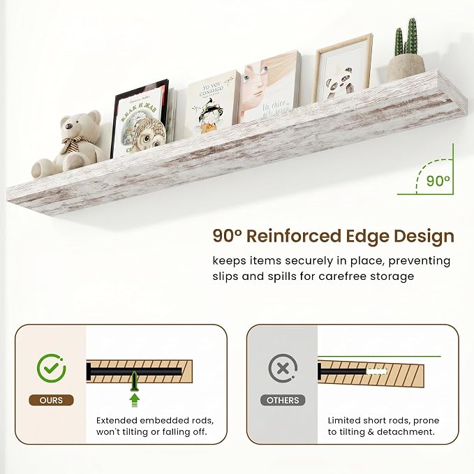 72in Floating Shelves for Wall, 72"W x 9.25"D x 1.5"H, Vintage White, 2Pcs | Long Wall Mounted Engineered Wood Shelves with Invisible Brackets for Living Room, Bedroom, Bathroom, Kitchen, 9.25in Depth