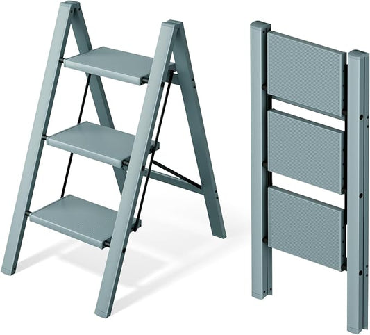 Mayi Plus 3 Step Stool Foldable, Aluminum, Lightweight Step Ladder | Extra-wide anti-slip folding steps with 330 lbs, for home,kitchen,office,outdoor,office,Blue