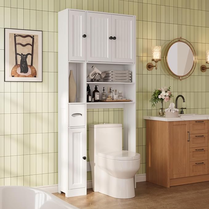 Over The Toilet Storage Cabinet, with Five Doors, White | Over Toilet Bathroom Organizer with Adjustable Shelves, Above Toilet Storage Cabinet for Bathroom, Restroom, Laundry