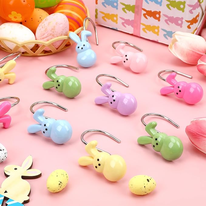 Easter Shower Curtain Hooks, 12Pcs Stainless Resin Bunny Rings | Perfect Festive Bathroom Decor, Elevates Living Room, Charming Bedroom Accents，Stainless Steel Hooks,Crafted Premium Resin