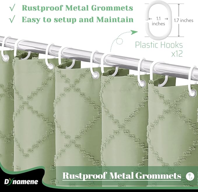Long Boho Shower Curtain Tufted Geometric 72"x78" Sage Green | 78 Inch Tall, Elegant Tassel, Lightweight Textured Fabric, Water Repellent, Washable, Hotel Spa, for Bathroom/Dorm 12 Hooks