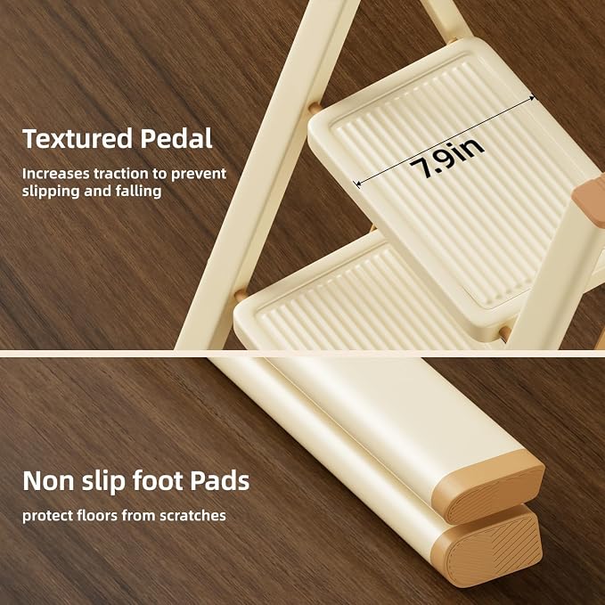 2 Step Ladder, Folding Step Stool, Cream Chocolate | Wide Anti-Slip Steps and a Foldable, Space-Saving Design for Adults to Use in Kitchens, Closets, Library,300 lbs