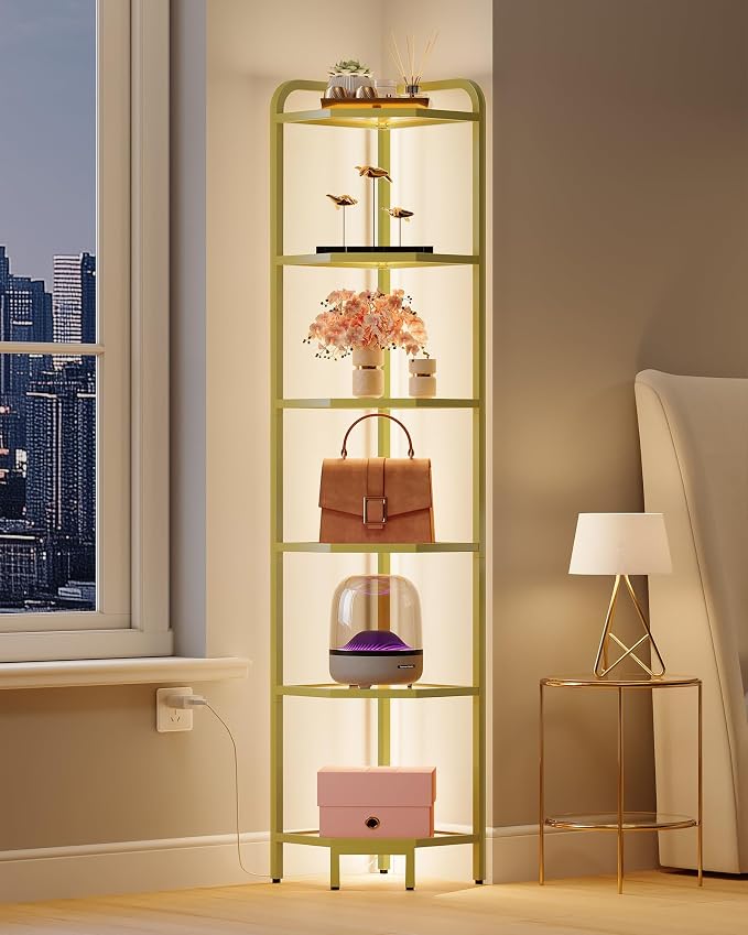 Hzuaneri Corner Shelf with LED Lighting, 6-Tier Glass Bookshelf | Steel Frame, Tempered Glass, Modern Style Corner Shelf, Suitable for Living Rooms, Bedrooms and Games Rooms CS09699G