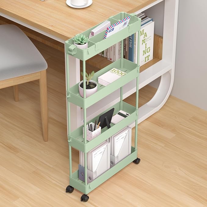 Slim Storage Cart 4 Tier,Bathroom Organizer Rolling Utility,Mobile Shelving Unit Slide Out for Office, Kitchen, Laundry Room & Narrow Places，Green