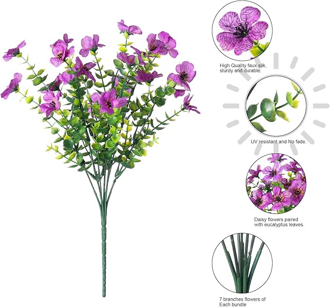 Artificial Flowers for Outdoor Indoor Garden Home Decoration, Faux Flower Daisy with Eucalyptus Leaves Fake Plants Greenery Boxwood Porch Patio, 12 Bundles (Purple)