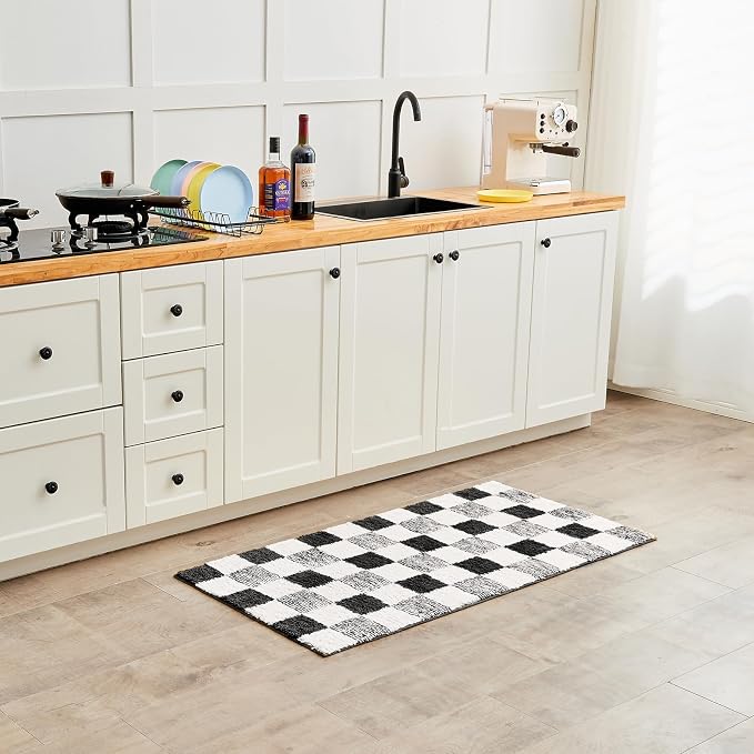 CozeCube Jet Black Checkered Bath Runner 59"x24" Non Slip Washable Rug | For Bathroom Non Slip, Fluffy Absorbent Microfiber Bath Mats Machine Wash, Stylish Long Aesthetic Bathroom Rugs