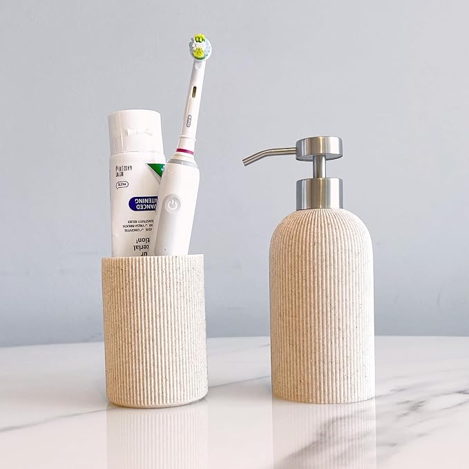 Small Sand Beige Toothbrush Holder for Bathroom Countertop, 7oz | Modern Boho Aesthetic, Vintage Farmhouse Organizer, Pen Holder, Makeup Brush Holder