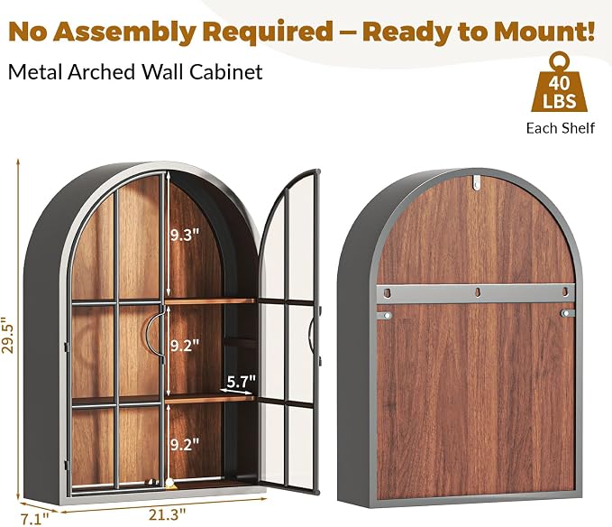 Arched Wall Cabinet with Glass Door, NO Assembly, Metal Wooden | Metal Frame, 12MM Wooden Shelves, Handcrafted Arched Design, 40-lb per Tier, 5MM Tempered Glass, for Bathroom Wall Medicine
