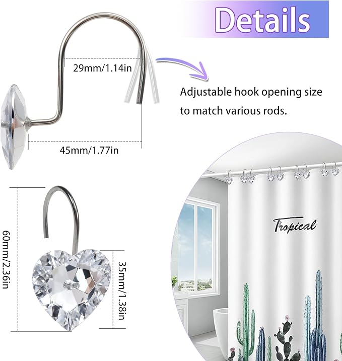 TOAOB 12 Sets Shower Curtain Hooks Rings Heart Bling Clear Rust Proof Stainless Steel Shower Rod Hangers for Decorative Curtains Bathroom