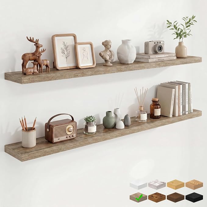 72in Floating Shelves for Wall, 72"W x 9.25"D x 1.5"H, Grey, 2Pcs | Long Wall Mounted Engineered Wood Shelves with Invisible Brackets for Living Room, Bedroom, Bathroom, Kitchen, 9.25in Depth