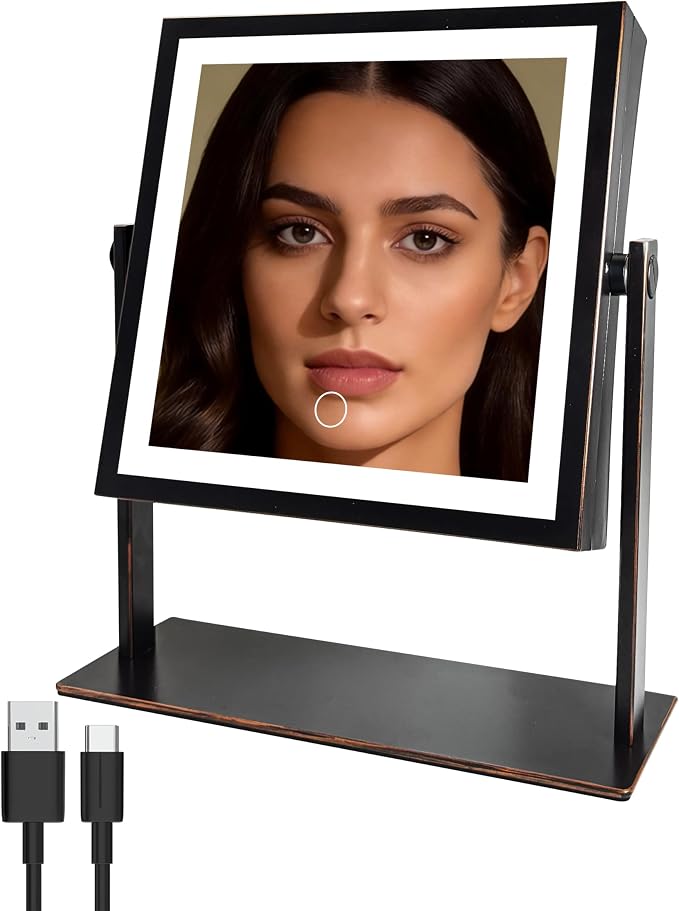 Ruacq Vanity Mirror with Lights, Dual Sided 1X/10X, Oil Rubbed Bronze | 8",4000mAh Rechargeable, Magnifying Mirror with 3 Color Lights,Touch Control Dimmable, 360° Rotation, Square, Gift for Women
