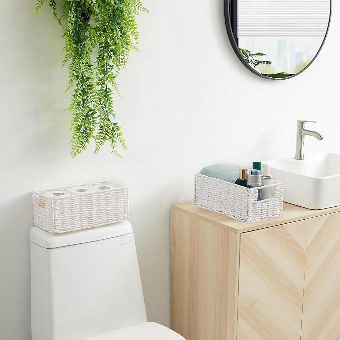 Wicker Storage Basket, Set of 2 Hand-Woven Paper Rope Wicker Basket, Small Storage Baskets for Organizing Toilet Paper Basket, Foldable Large Cube Storage Organizer Bins for Shelves (White)