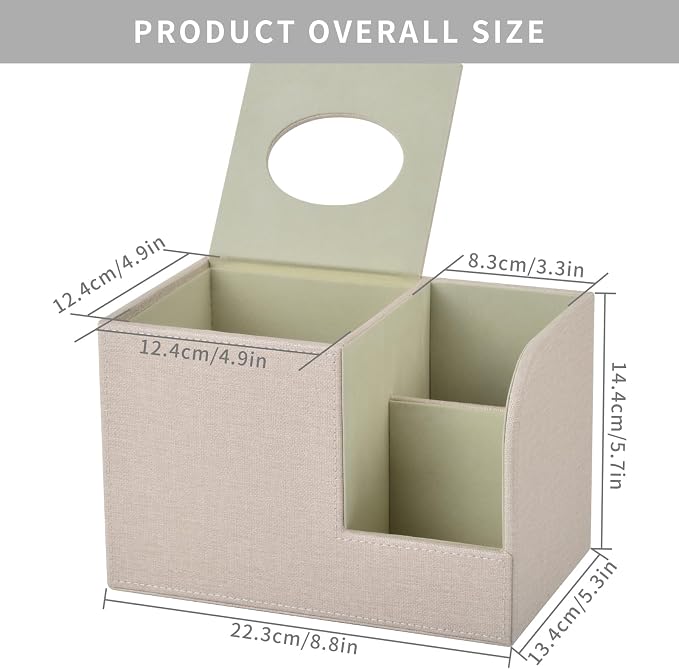 PU Leather Square Tissue Box Cover,Multifunctional Tissue Box Holder,Tissue Box with Storage,Tissue and Remote Control Holder,Tissue Box Decorative Desk Organizer for Home&Office,Beige