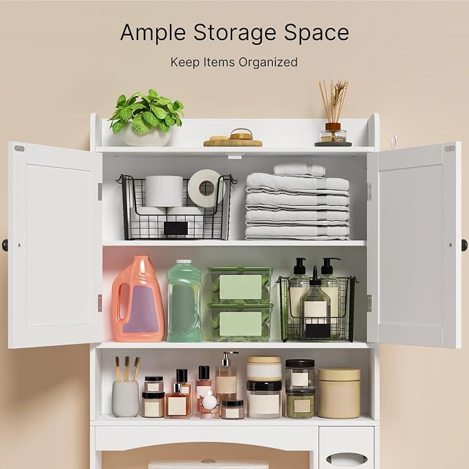 Over The Toilet Storage Cabinet, 32.3" W x 70.3" H, White | Over Toilet Bathroom Organizer with Doors, Adjustable Shelves, Toilet Paper Holder, 2 Side Hooks, for Bathroom, Laundry