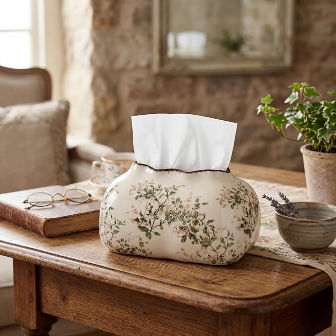 Yalikop Vintage Ceramic Tissue Holder Tissue Box Cover,Blossoms | Floral Retro Rustic Farmhouse Home Decor for Bathroom Vanity Table Living Room Bedroom Kitchen Office
