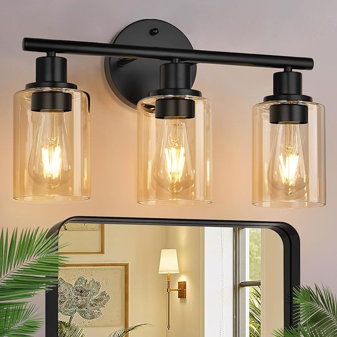 Zarbitta 3-Light Bathroom Light Fixtures, Black Modern Vanity Lights with Amber Glass Shades, Bathroom Wall Lamp for Mirror Kitchen Living Room Hallway Cabinet Porch