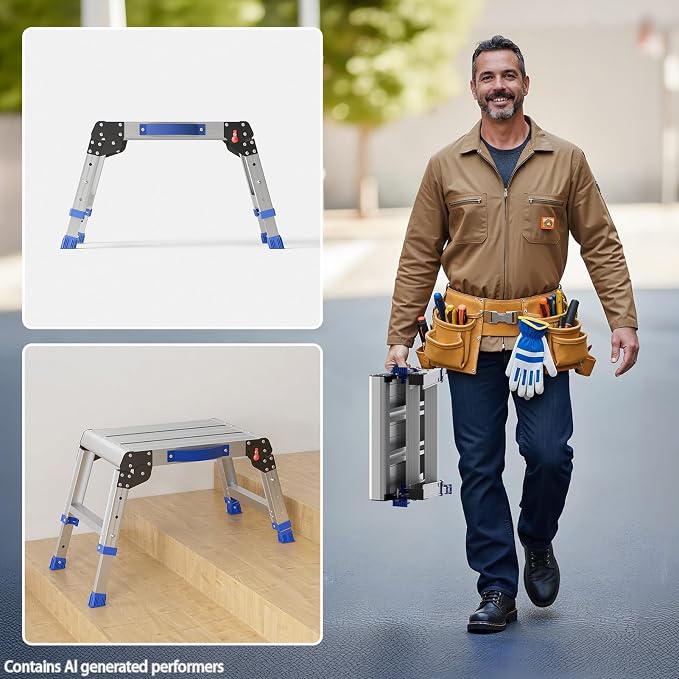 Folding Step Stool for Adults, Portable Aluminum Work Platform 440lb | 12"-15.7" Adjustable Height, 12" x 16.5" Wide Platform for Garage, Painting, Reach High Shelves, Gardening, Car Wash